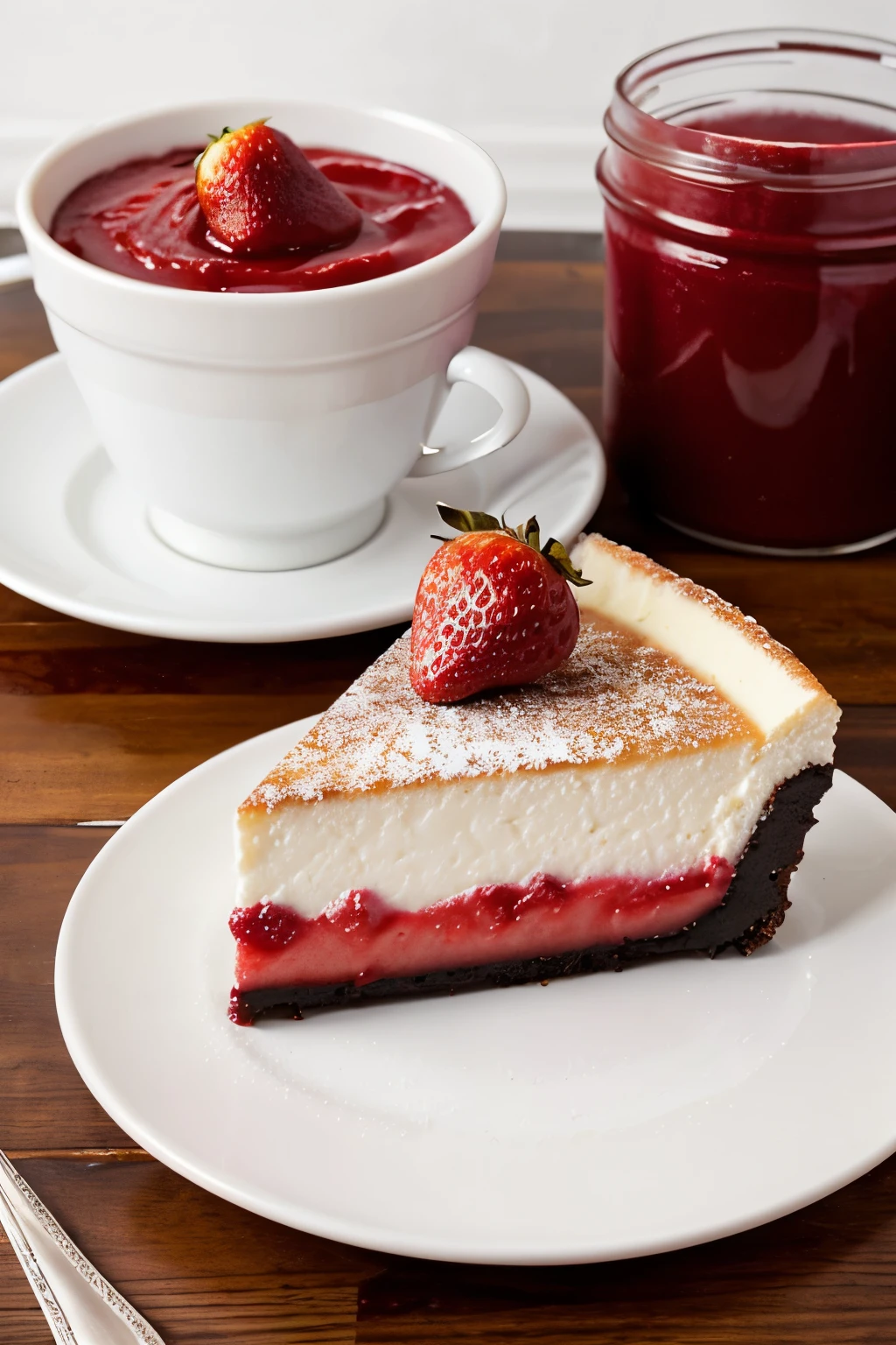 photorealistic image, trending on Pinterest, New York-style cheesecake adorned with a generous layer of strawberry compote and a dusting of powdered sugar