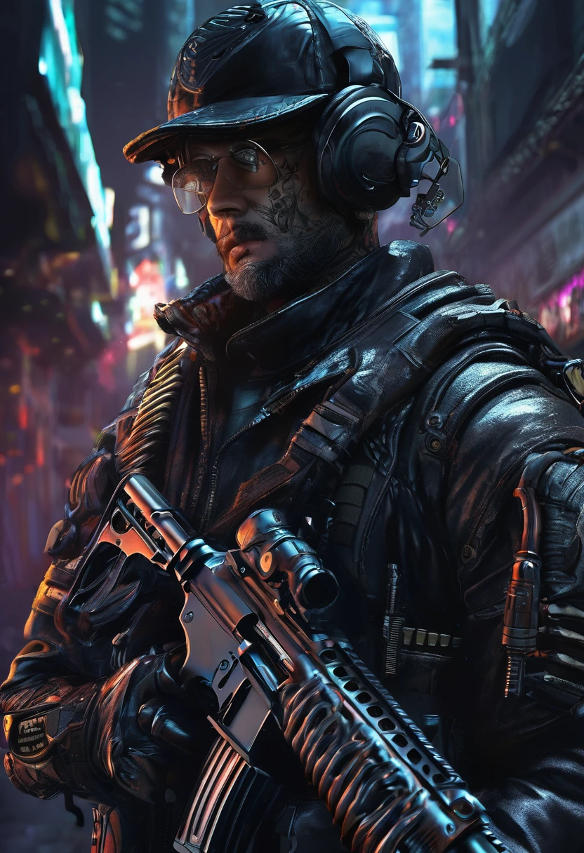 (((dark biopunk style))), dark art, man, shaved hair, short mustache, body armor, revolver gun, many shadows, cold lights, dark art, highly detailed, extremely detailed, masterpiece