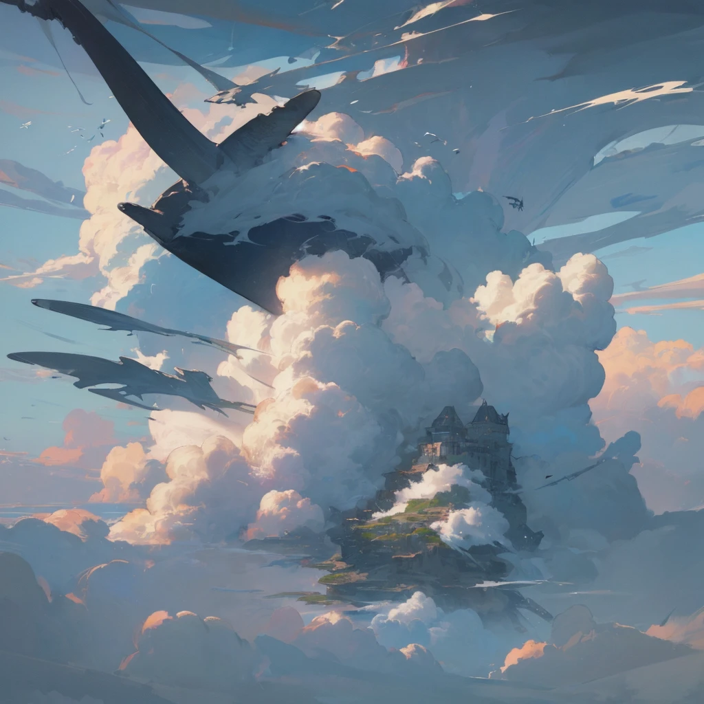 a view of a cloudy sky with a vast floating island flying above it, breathtaking clouds, beautiful cloudy atmosphere, beautiful clouds, magnificent clouds, covered in clouds, Above the clouds, Clouds around, detailed clouds, in the clouds, beautiful clouds, Heavenly clouds, over the clouds, super defined clouds, in the clouds, wow clouds, majestic clouds, high clouds islands and more islands, Wreckage wandering, flying fish and whales, humans on the islands, ilha muito bem detalhada como um continente natural, visão aproximada da ilha, muitas matas,
.