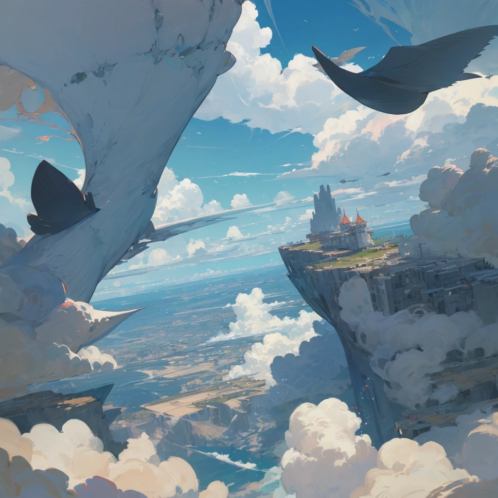 a view of a cloudy sky with a vast floating island flying above it, breathtaking clouds, beautiful cloudy atmosphere, beautiful clouds, magnificent clouds, covered in clouds, Above the clouds, Clouds around, detailed clouds, in the clouds, beautiful clouds, Heavenly clouds, over the clouds, super defined clouds, in the clouds, wow clouds, majestic clouds, high clouds islands and more islands, Wreckage wandering, flying fish and whales, humans on the islands, ilha muito bem detalhada como um continente natural, visão aproximada da ilha, muitas matas, 



.