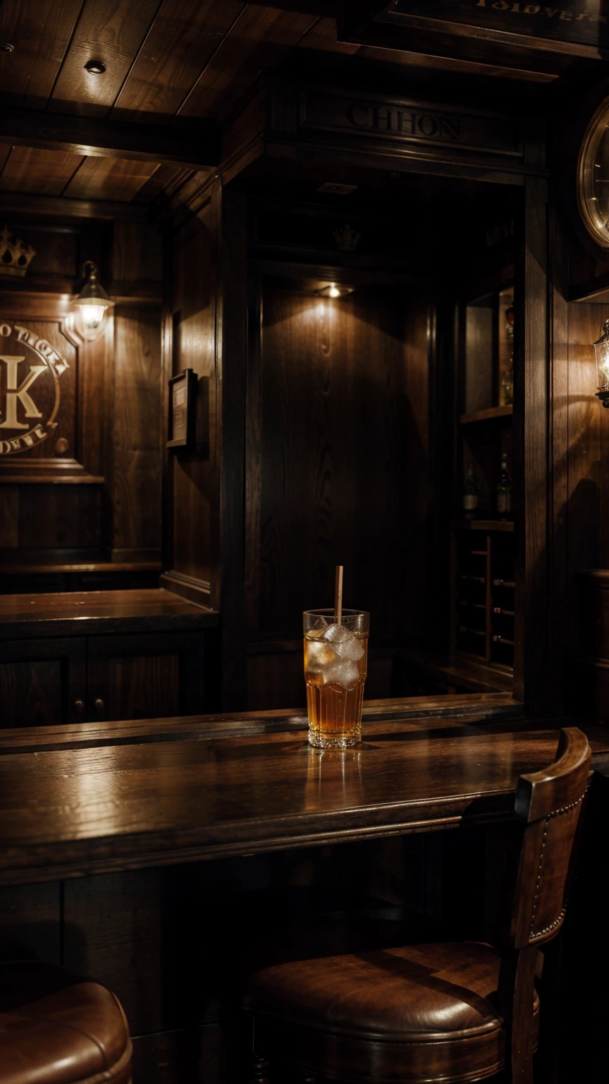 a cozy bar in london, football decor, telephone booth, coats of arms, wooden counter, drinks stand, intricate details, highly detailed, photorealistic, 8k, hyperrealistic, chiaroscuro lighting, dramatic shadows, moody atmosphere, warm color palette, masterpiece