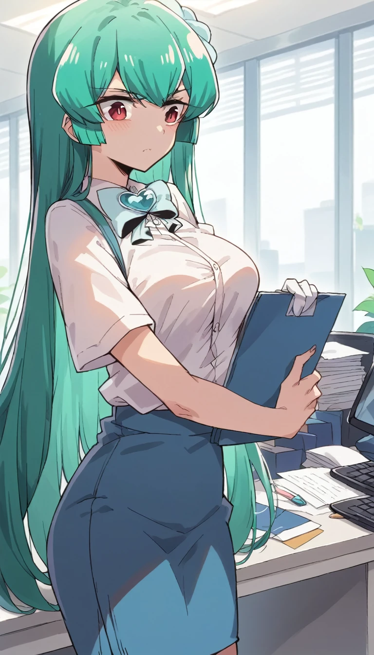 (masterpiece, best quality, very aesthetic, ultra detailed), intricate details, highly detailed background, perfect lightingbest quality, kokonoeshinobu, solo, indoors, office, office lady, green hair, swept bangs, long hair, yellow eyes, medium breasts, black jacket, open jacket, blazer, business suit, white shirt, belt, black skirt, pencil skirt, skirt suit, black pantyhose, smile, open mouth, :d, pink lips, solo, nsfw ,nipple, See Through