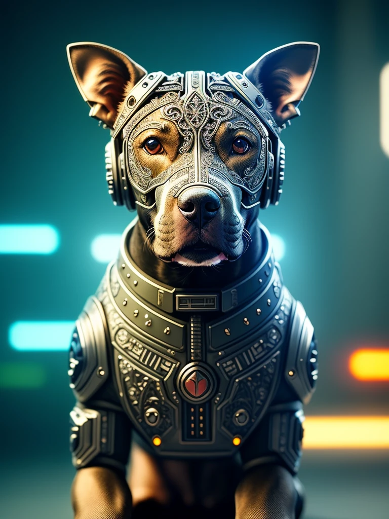 a cute dog pitbull made out of metal, cyborg, cyberpunk style, ((intricate details)), hdr, ((intricate details, hyperdetailed)), cinematic shot, vignette