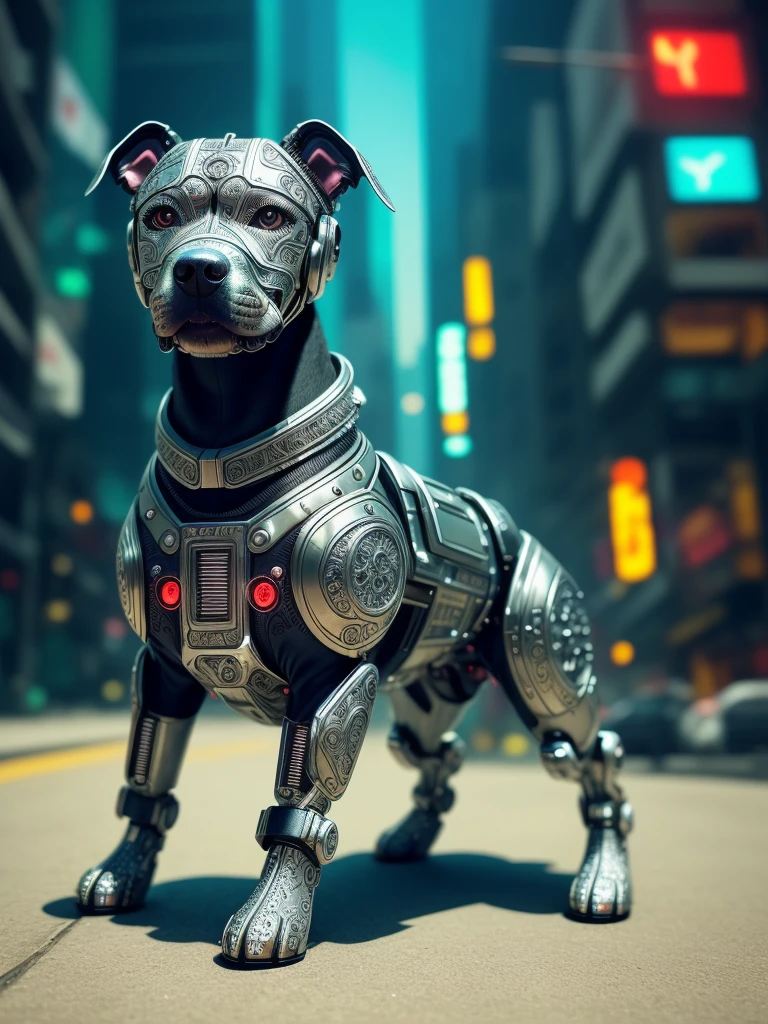 a cute dog pitbull made out of metal, cyborg, cyberpunk style, ((intricate details)), hdr, ((intricate details, hyperdetailed)), cinematic shot, vignette