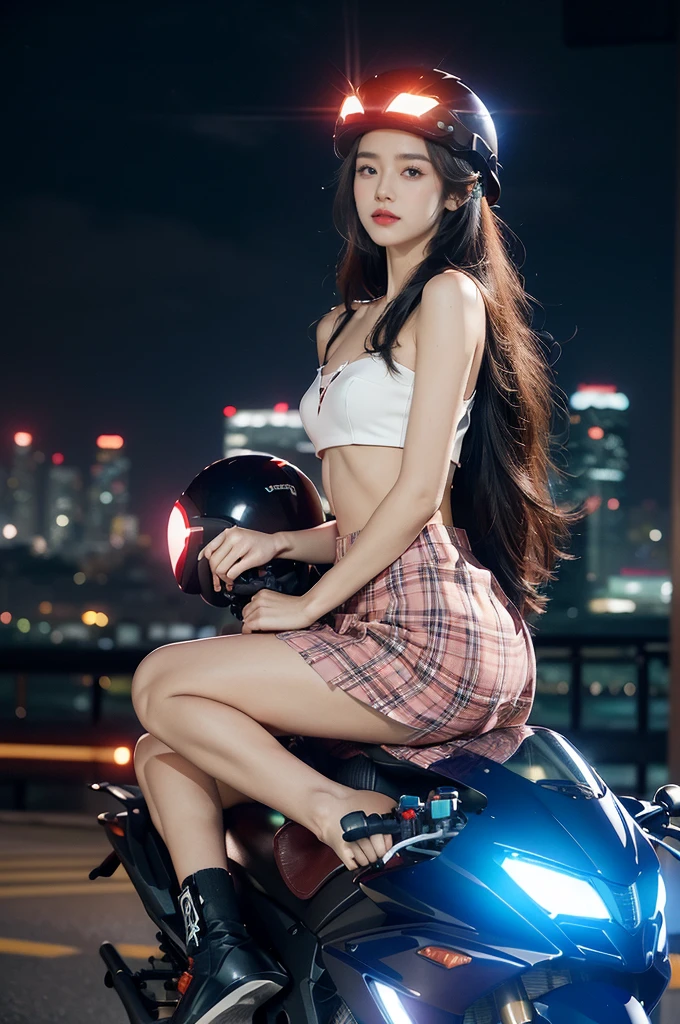 (((best quality))),(((ultra detailed))),(((masterpiece))),illustration,((1 beautiful girl,solo)),((slim,thin,small breasts,flat chest)),shoulder length straight hair,almond-shaped eyes, intense gaze, fair skin, subtle blush, full pink lips, confident smile,Tight fitting collared white JK shirt,Red plaid pleated skirt,slender legs, deep blue hue, silver accents, form-fitting, low neckline, smooth skin,booties, urban scene, cyberpunk city, neon lights, tall buildings, LED signs, misty glow, dreamy ambiance, night sky, twinkling stars, electric atmosphere,(riding on a motorcycle:1.3), (safety helmet:1.3), vibrant atmosphere