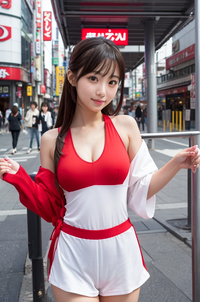 8K、detailed、Vertical portrait、An attractive young Japanese woman aged 18、Selfie style、High resolution、Natural light、As seen on a Canon camera、The background is the Akihabara Electric Town entrance、The outfit is a bright red one-piece