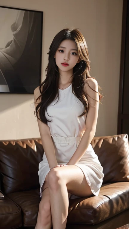 1 Girl,living room,Sitting on the sofa,Soft Light,Chinese Beauty,dress,Dark-haired,long hair,