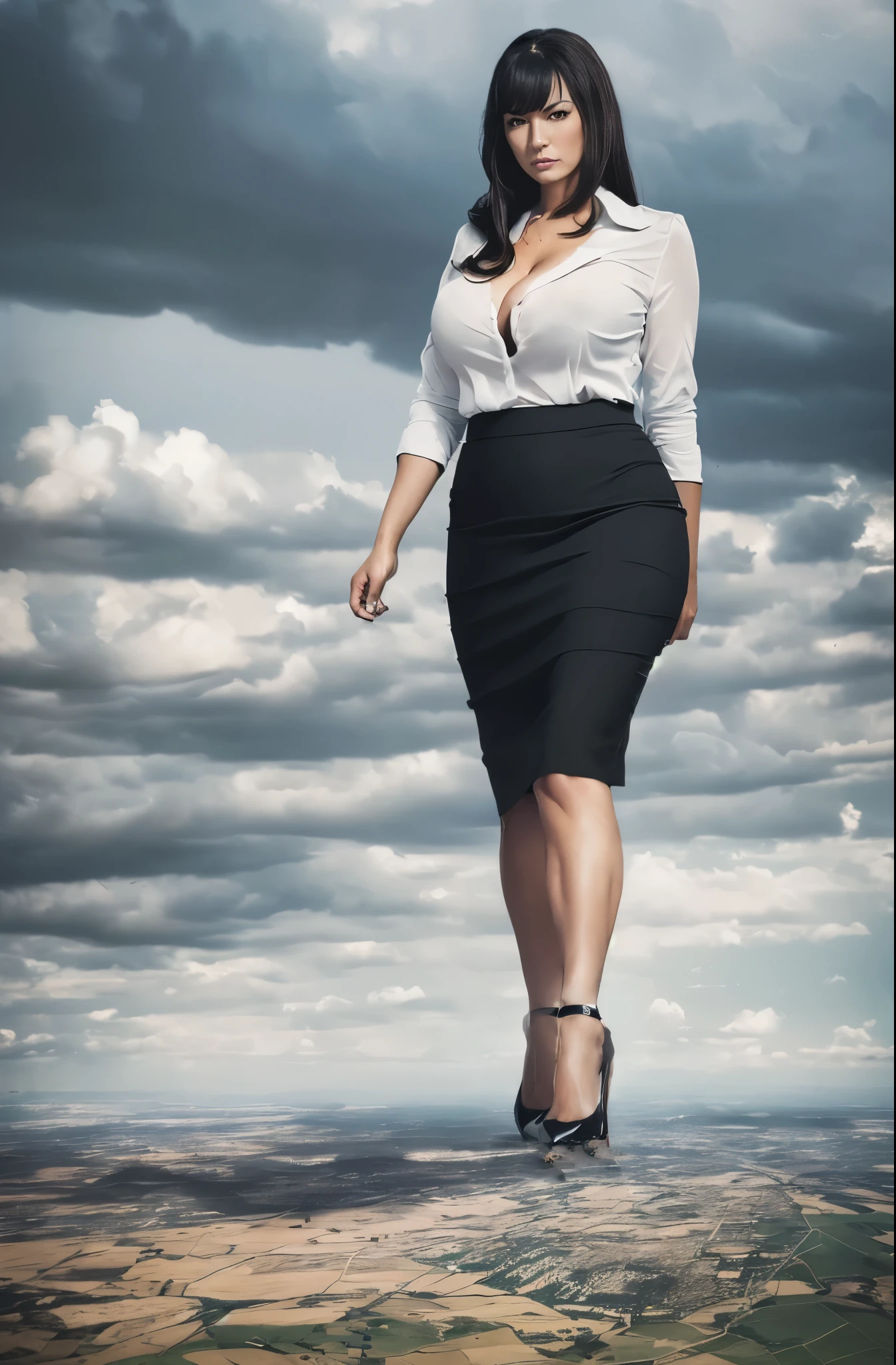 Jennifer Tilly, (masterpiece, best quality, best shadows, best shading, perfect hands, perfect face, cinematic lighting, colorful, ultra-detailed, beautiful photography, character focus, extremely-detailed, photorealistic, hyper photorealism, atmospheric), (rural destruction:1.7), (giantess, stereotypical office worker), (dirty, filthy, unwashed, sweaty, unkempt, angry, tired, exhausted, annoyed), ((walking, mid stride:1.2, stepping down on:1.2, stomping, crush, rampage)), (black patent Louboutin pointed toe pumps, high heels, stiletto heels), ((revealing crisp white blouse, short black pencil skirt)), ((long straight hair with front bangs)), (high altitude photography, satellite view), (curvy, exposed cleavage, heaving bosom, legs), (urban sprawl, farmland and small towns, destruction, buildings, roads), (((cloudy, overcast, clouds and atmosphere partly obscuring the subject:1.2, hazy atmosphere, haze in foreground, wispy clouds)))