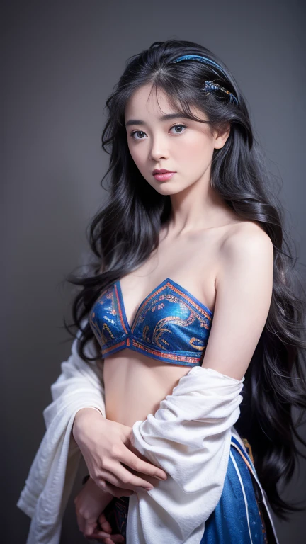 Beautiful supermodel woman with wavy hair, a lock of hair with a slight highlight, blue-gray eyes, mixed medium, undried paint, colored background, photographed by Jingna Chang.