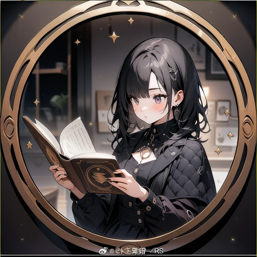 (circle frame1.7),1 goth girl,, masterpiece art, reading book, icon, circle frame,