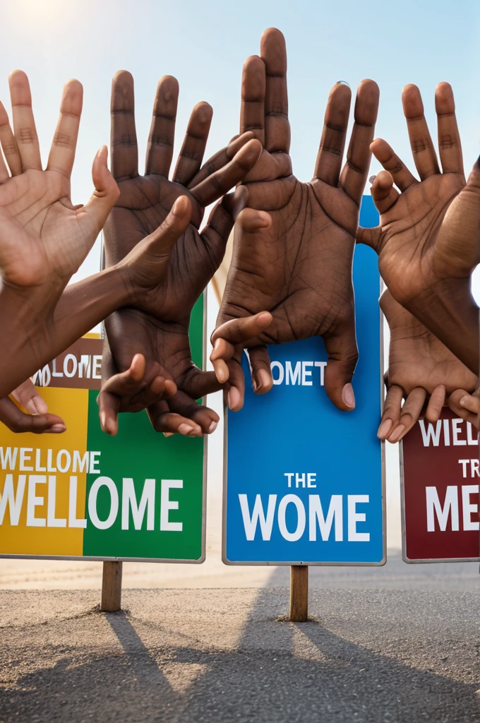 multiple hands of different skin colors pointing to a sign saying 'welcome'
