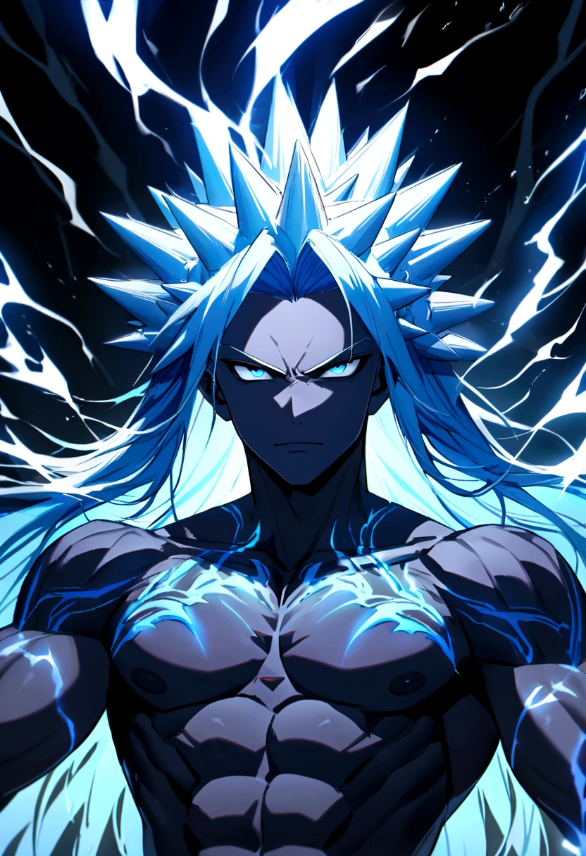 Teenage boy, spiky hair, long hair, bright light blue hair, shining blue eyes, serious face, Simple smile, dark blue skin, muscular chest, tattoos on the body, intense electric aura