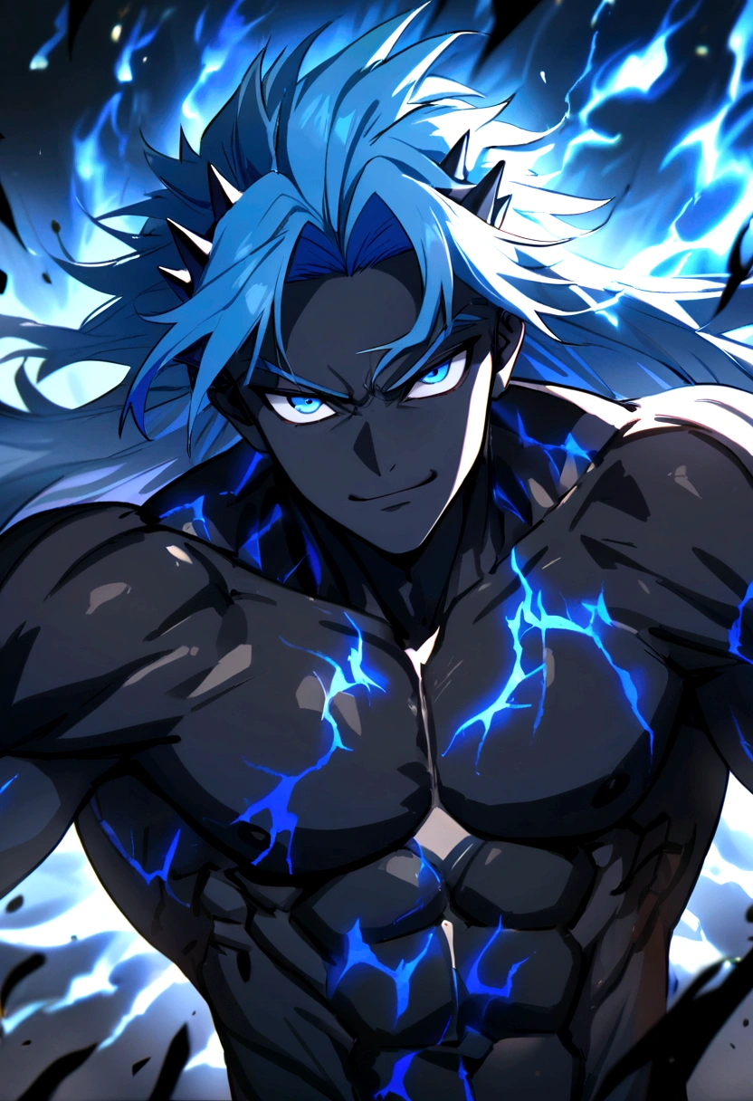  boy, spiky hair, long hair, bright light blue hair, shining blue eyes, serious face, Simple smile, dark blue skin, muscular chest, tattoos on the body, intense electric aura