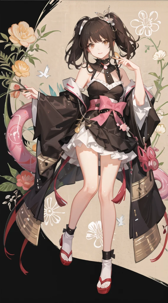 girl,full body,(detailed face:1.2), pure background,masterpiece, fashion,tokyo,harajuku,, medium hair, black hair, twintails, blunt bangs, brown eyes,