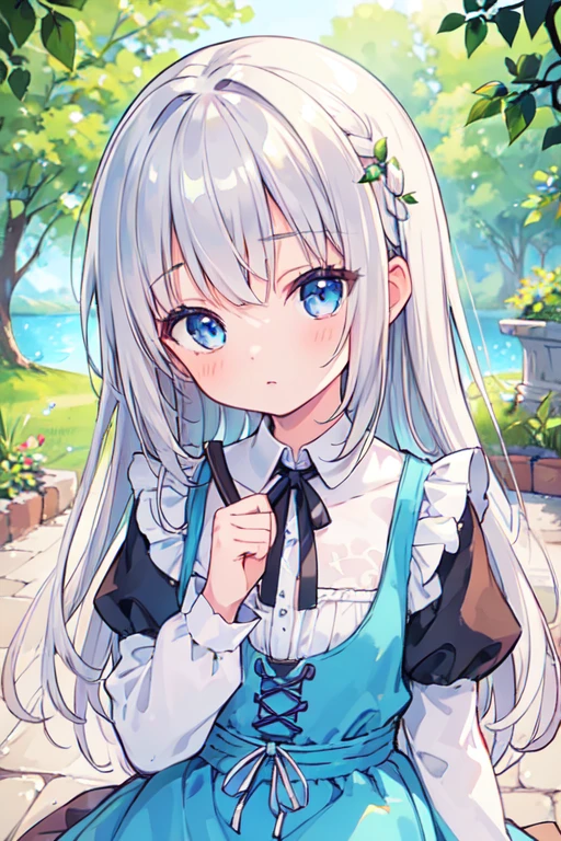(best quality, masterpiece:1.2), ultra detailed, extremely detailed eyes and face, natural skin texture, detailed skin, natural lighting,
chibi, 1 girl, 12-years-old, (cute), silver hair, middle hair, straight hair, shiny hair, blue eyes, flat chest,
dirndl,
upper body,