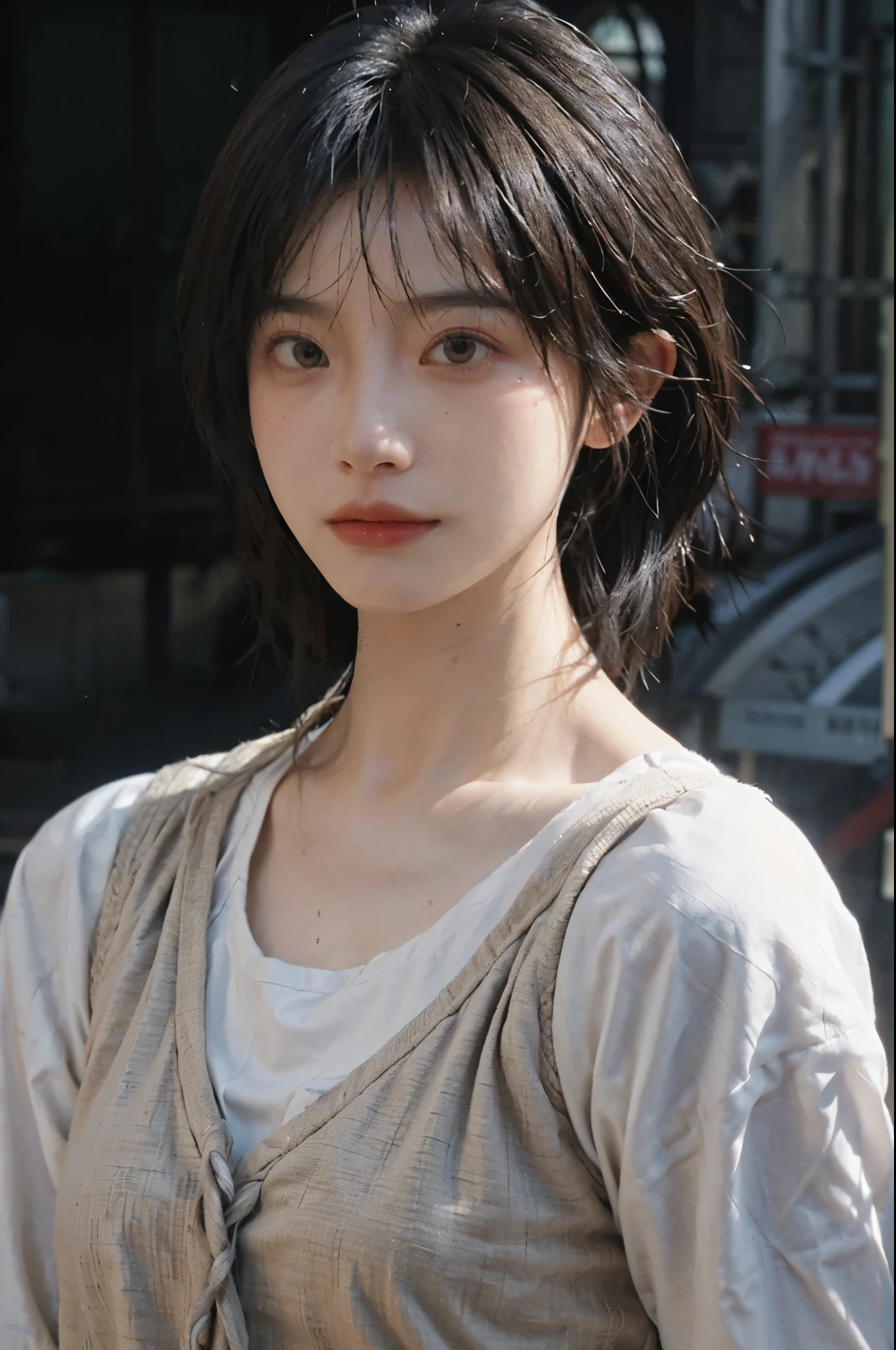 1 girl,model,short hair,A faint smile,serene, calm,Vest,Moles under the eyes,Exquisite eyes, Delicate face,Lipstick,earrings,Hair details, (Large Breasts:1.0),outdoor,background,城市background,(Skin details:1.4),(Realistic and detailed eyes:1.2), Natural skin texture, Realistic facial details,Close-up of face,Portrait Photography,(Portrait Photography:1.1), (smooth skin textures:1.3), (Highest quality real skin textures:1.4), Direct vision,Soft dramatic lighting, Vivid details, 35 mm film, (Photo Practical:1.4), (hyper Practical:1.4), (Practical:1.3), (Smoother lighting:1.05), (Improve lighting quality:0.9), (Enhance the beauty of skin texture:1.1), Depth of Field, Bokeh, Surrealism, Ray Tracing, ( Surrealism, High Detail, Chiaroscuro, Ray Tracing, reflected light, Ultra HD, Ultra HD, masterpiece, Textured Skin, Super Detail, High Detail, high quality, best quality