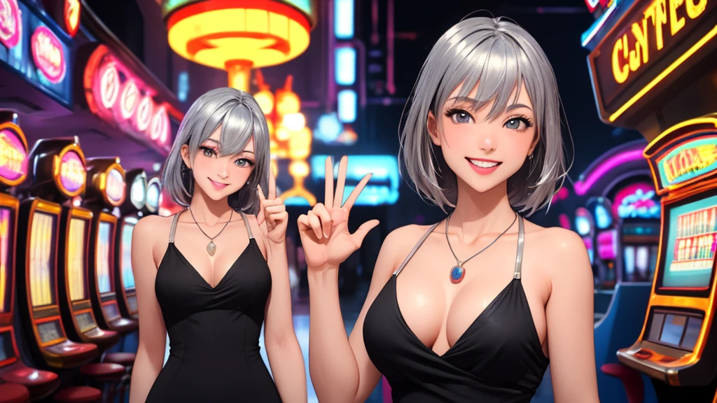 Masterpiece, best quality, 1 dealer girl, alone, The model is not in the center of the image.(left or right:1.5), look at viewer, chest, mature woman, collarbone, Random Hairstyles, random gesture, cyberpunk, neon light, In the building, Casino, black tight dress, small silver necklace, depth of field, playful mood,Big smile