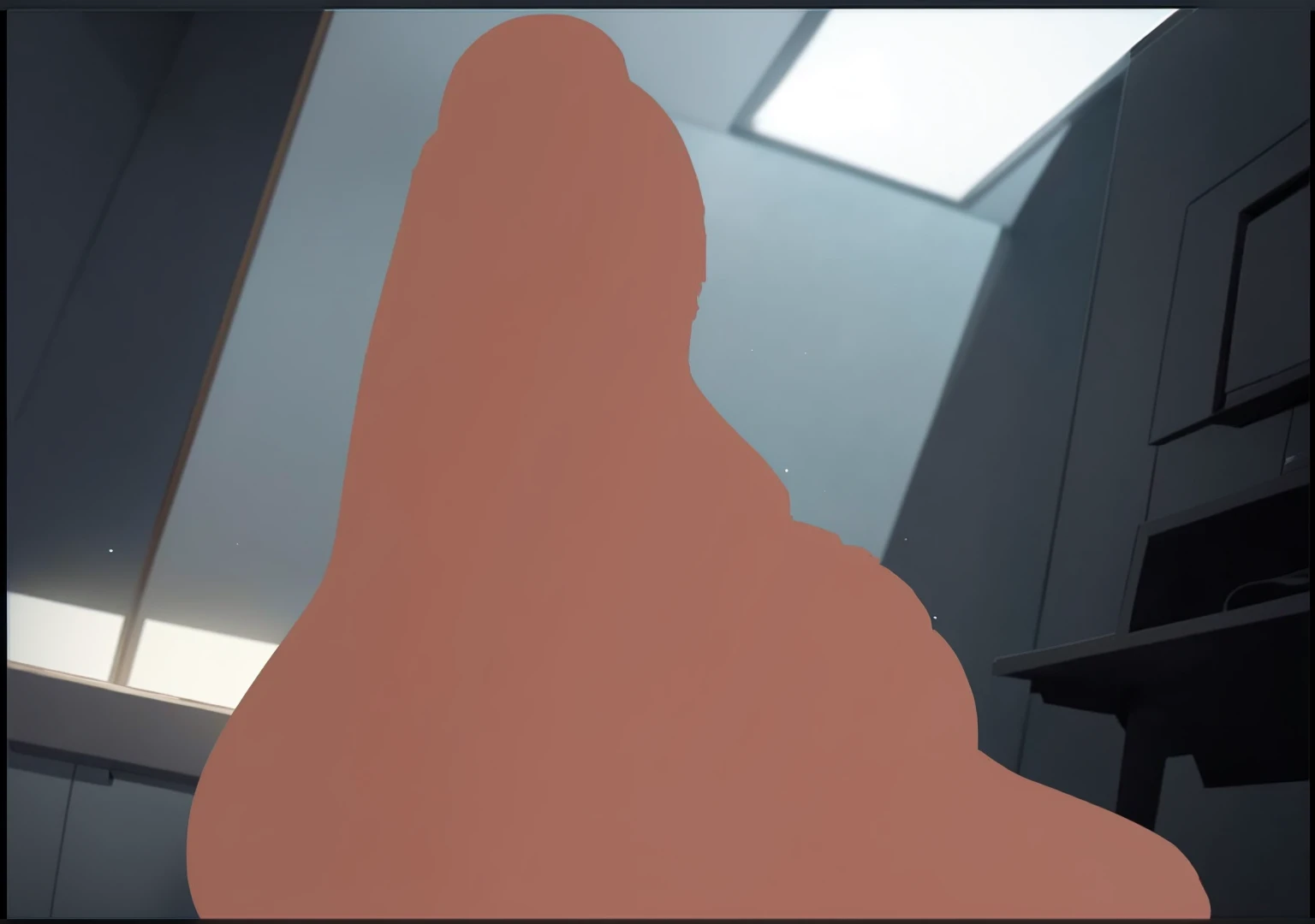 there is a silhouette of a person standing in a room, detailed unblurred face, obscured underexposed view, rendered in pov - ray, cinematic bust shot, low detailed. digital painting, heavy jpeg artifact blurry, face obscured, neck zoomed in from lips down, diffuse outline, detailed with shadows, cinematic level shot, face partially obscured, The ceiling features a large, rectangular, recessed light fixture that provides bright, white illumination.
The walls are smooth and painted in a neutral grayish-blue color.
On the left side, there is a vertical strip of wood that frames the edge of a wall or door.
The right side shows part of a large, dark-colored cabinet or piece of furniture.
The floor is not clearly visible, but the lighting suggests it may be reflecting some light, indicating a polished surface.
The overall ambiance is clean and contemporary, with a focus on minimalism and functionality.