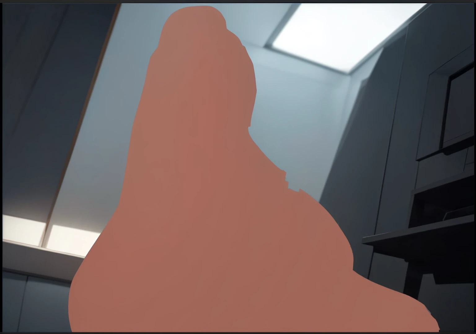 there is a silhouette of a person standing in a room, detailed unblurred face, obscured underexposed view, rendered in pov - ray, cinematic bust shot, low detailed. digital painting, heavy jpeg artifact blurry, face obscured, neck zoomed in from lips down, diffuse outline, detailed with shadows, cinematic level shot, face partially obscured, The ceiling features a large, rectangular, recessed light fixture that provides bright, white illumination.
The walls are smooth and painted in a neutral grayish-blue color.
On the left side, there is a vertical strip of wood that frames the edge of a wall or door.
The right side shows part of a large, dark-colored cabinet or piece of furniture.
The floor is not clearly visible, but the lighting suggests it may be reflecting some light, indicating a polished surface.
The overall ambiance is clean and contemporary, with a focus on minimalism and functionality.