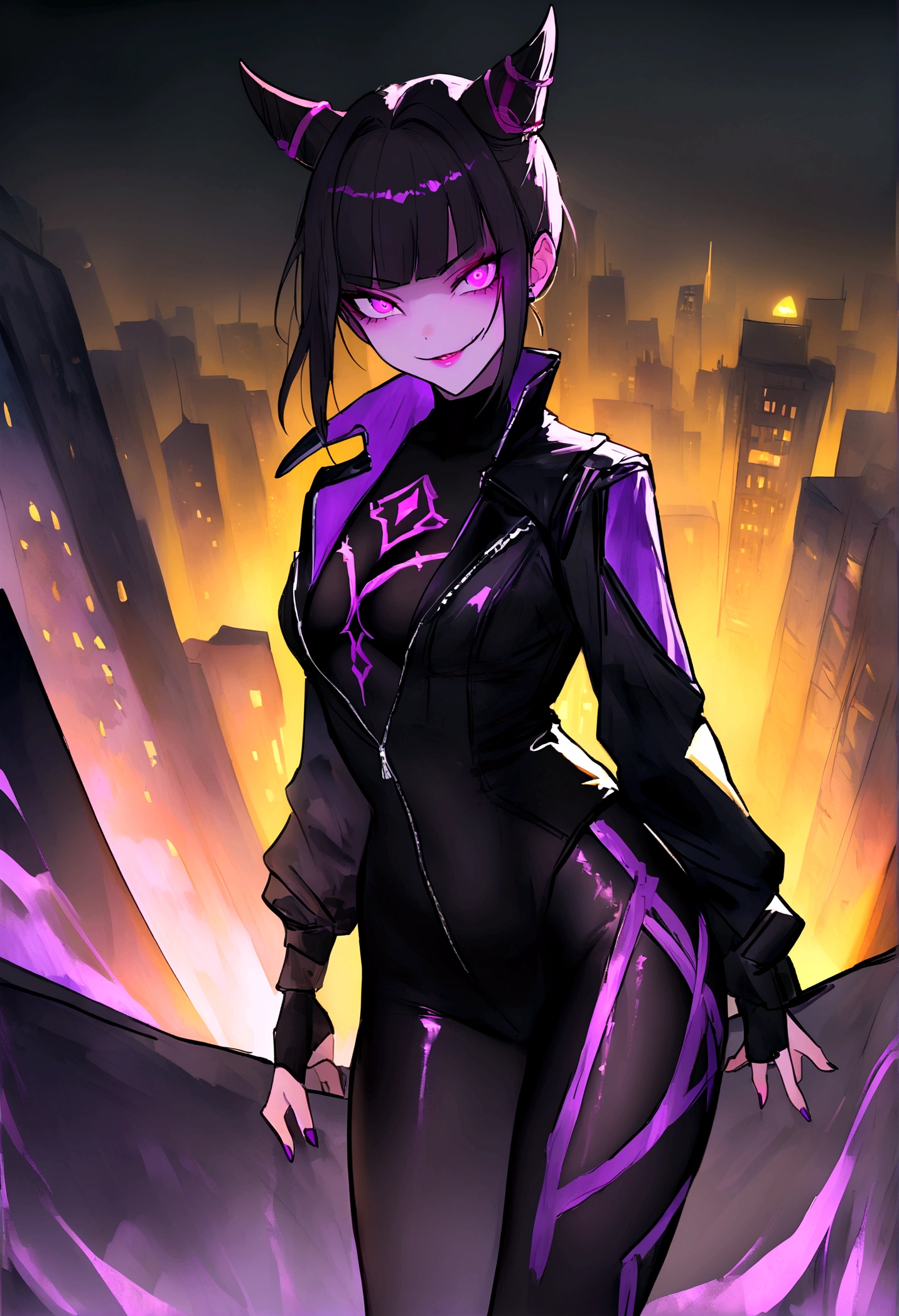 work of art, best qualityer, Juri Han, horn hair, bangs on the eyes,purple glowing eyes,evil smile, black leather jacket, leggings preta, gazing at viewer, city background,yellow lighting