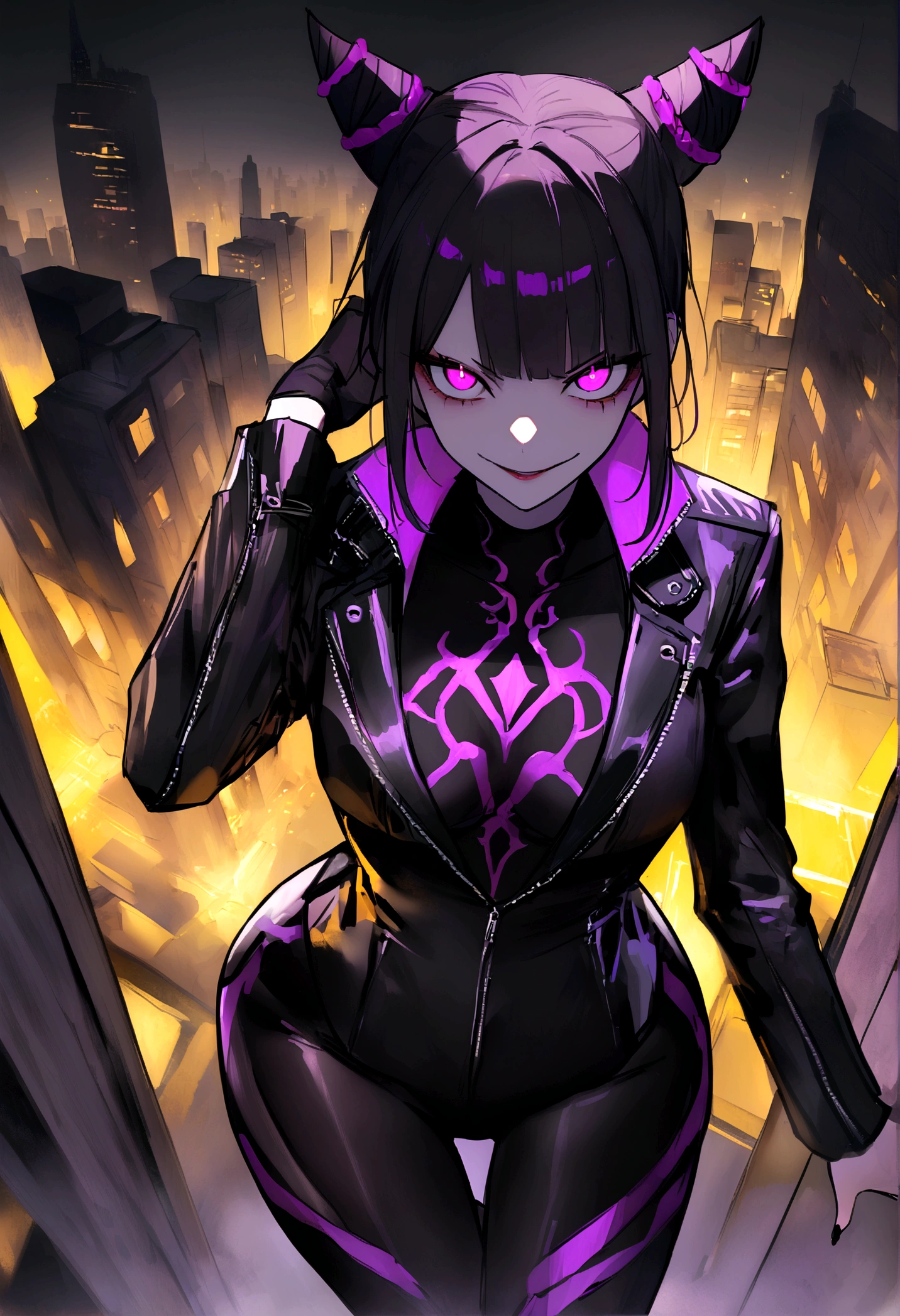 work of art, best qualityer, Juri Han, horn hair, bangs on the eyes,eyes shining purple,evil smile, black leather jacket, leggings preta, gazing at viewer, city background,yellow lighting,white shirt,skirt short,standing with your back to the viewer,