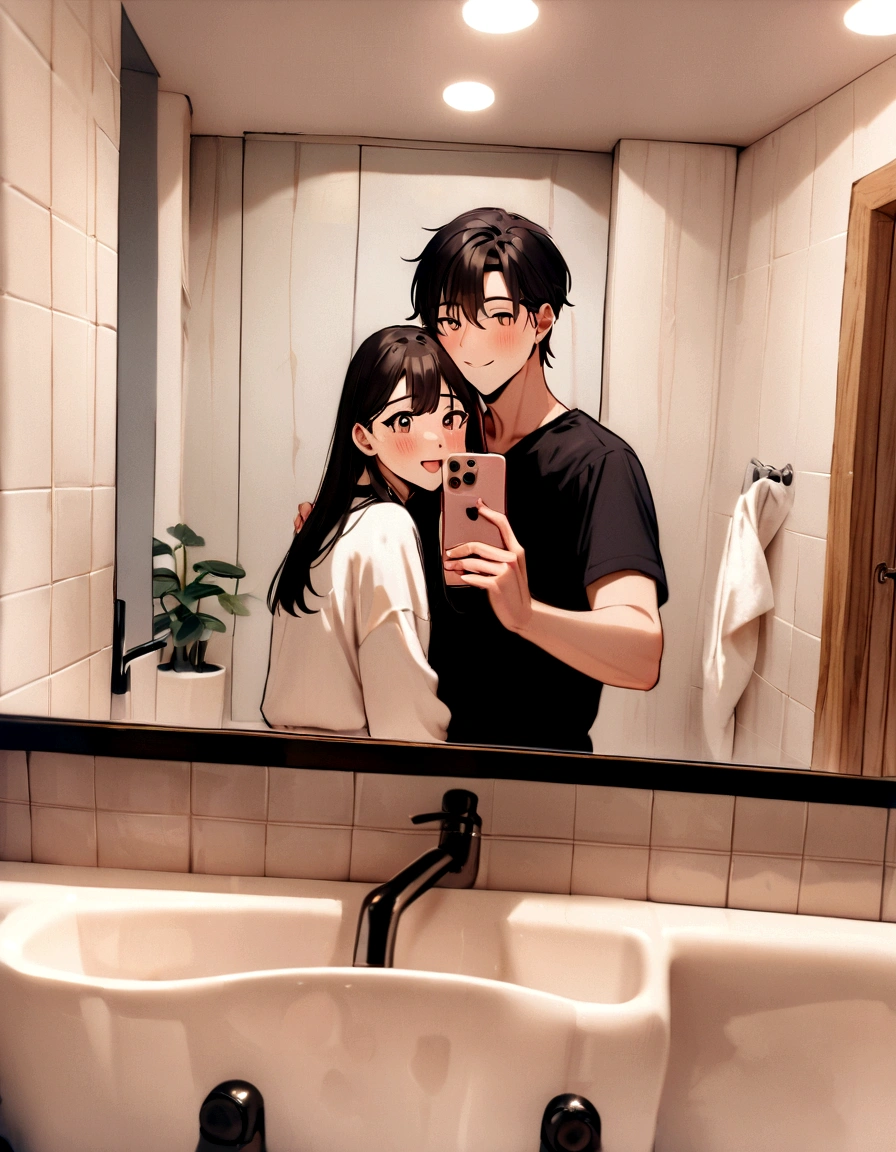 there is a man and a woman taking a selfie in a bathroom mirror, in bathroom, in love selfie, 😭🤮 💔, couple, photo taken in 2 0 2 0, selfie, long distance photo, in a bathroom, lovely couple, couple pose, 😭 🤮 💕 🎀, mirror selfie, picture, happy couple, with her long, selfie photo. Anime style in beautiful mirror shots
