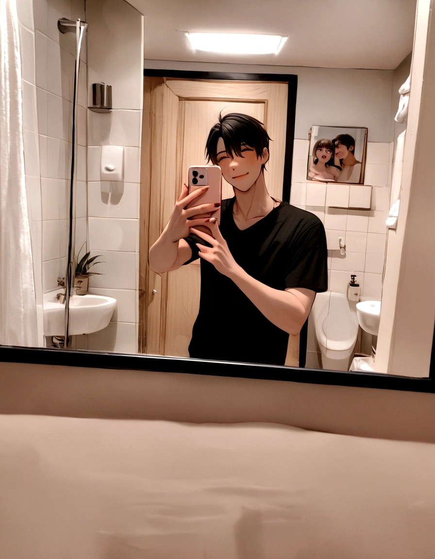 there is a man and a woman taking a selfie in a bathroom mirror, in bathroom, in love selfie, 😭🤮 💔, couple, photo taken in 2 0 2 0, selfie, long distance photo, in a bathroom, lovely couple, couple pose, 😭 🤮 💕 🎀, mirror selfie, picture, happy couple, with her long, selfie photo. Anime style in beautiful mirror shots