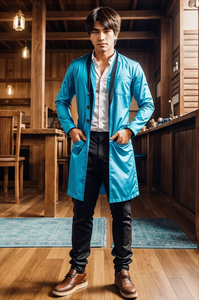 Generate a fully anime photo in whoch a men is standing and behind it many candlesticka charta are loading