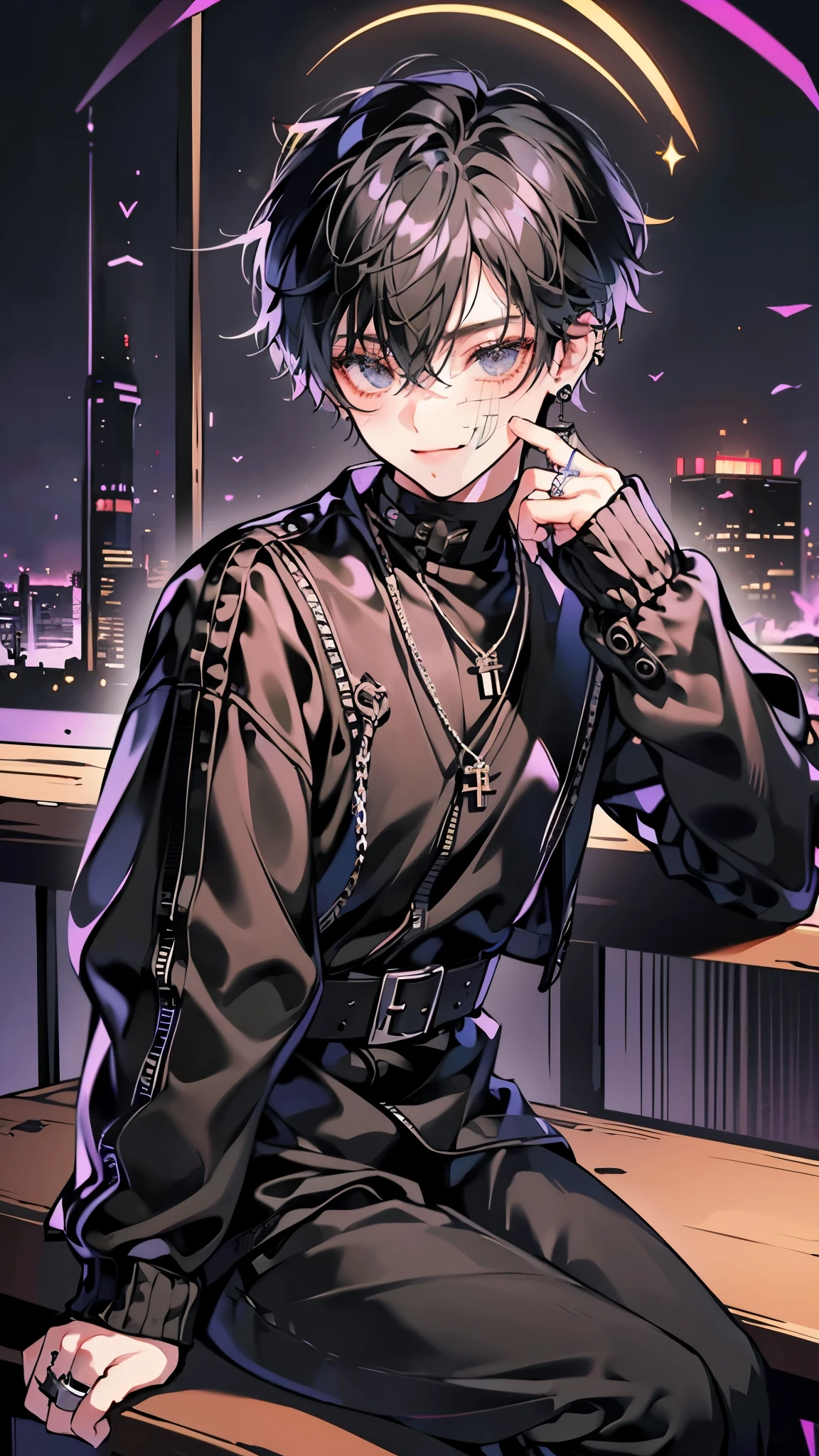 (Highest picture quality)，(muste piece), (best quality), (absurdres, highres, ultra detailed)，((Delicate face))，（Night view）,(((独奏))),(((1 Boy))),（boy）,Male focus,Black short hair,Black eyes，(((underaged))),Japanese boys short hair，((black oversized crop jacket)),rivet，Black long Martin boots，（black pants），black shocker，necklace，ring，Black stud earrings，Smile，Side-parted bangs，drunken，sideways，(cyber nignt club),(sitting on a bar stool),(leaning by a bar counter)，Puffy sleeves，light blush,shy smile,seductive