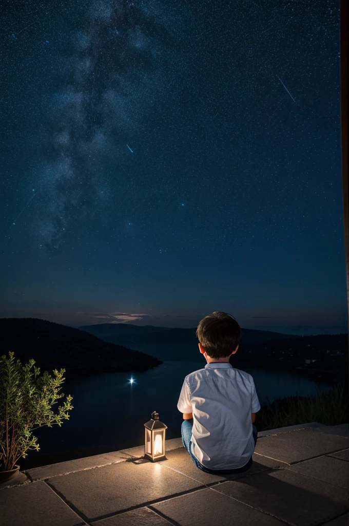 A sitting alone at night and watching at star sky he is sitting far away and remember it pic should be in animation