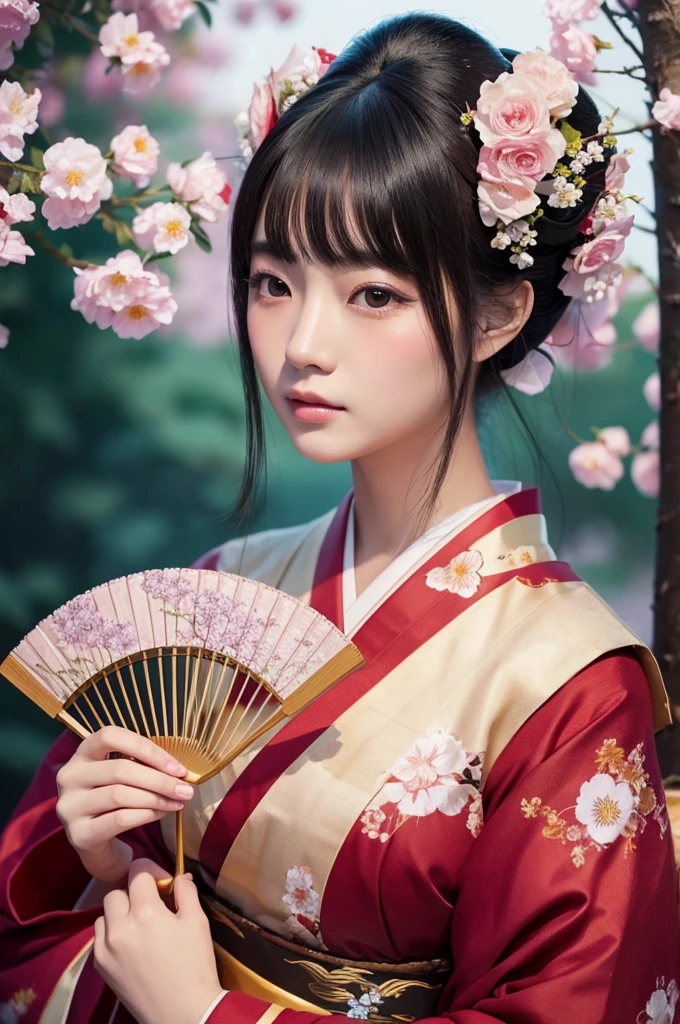 Holding a fan、Japanese woman with flowers in her hair, Young、Exquisite digital illustrations, Beautiful artwork illustration, Amazing digital illustrations, Beautiful digital art, Inspired by Yoon Doo-seo, In the style of digital illustration, Empress of China, Portrait of a Geisha, Beautiful Fantasy Empress, Beautiful digital illustrations, 美しいPortrait of a Geisha, Portrait of a Geisha