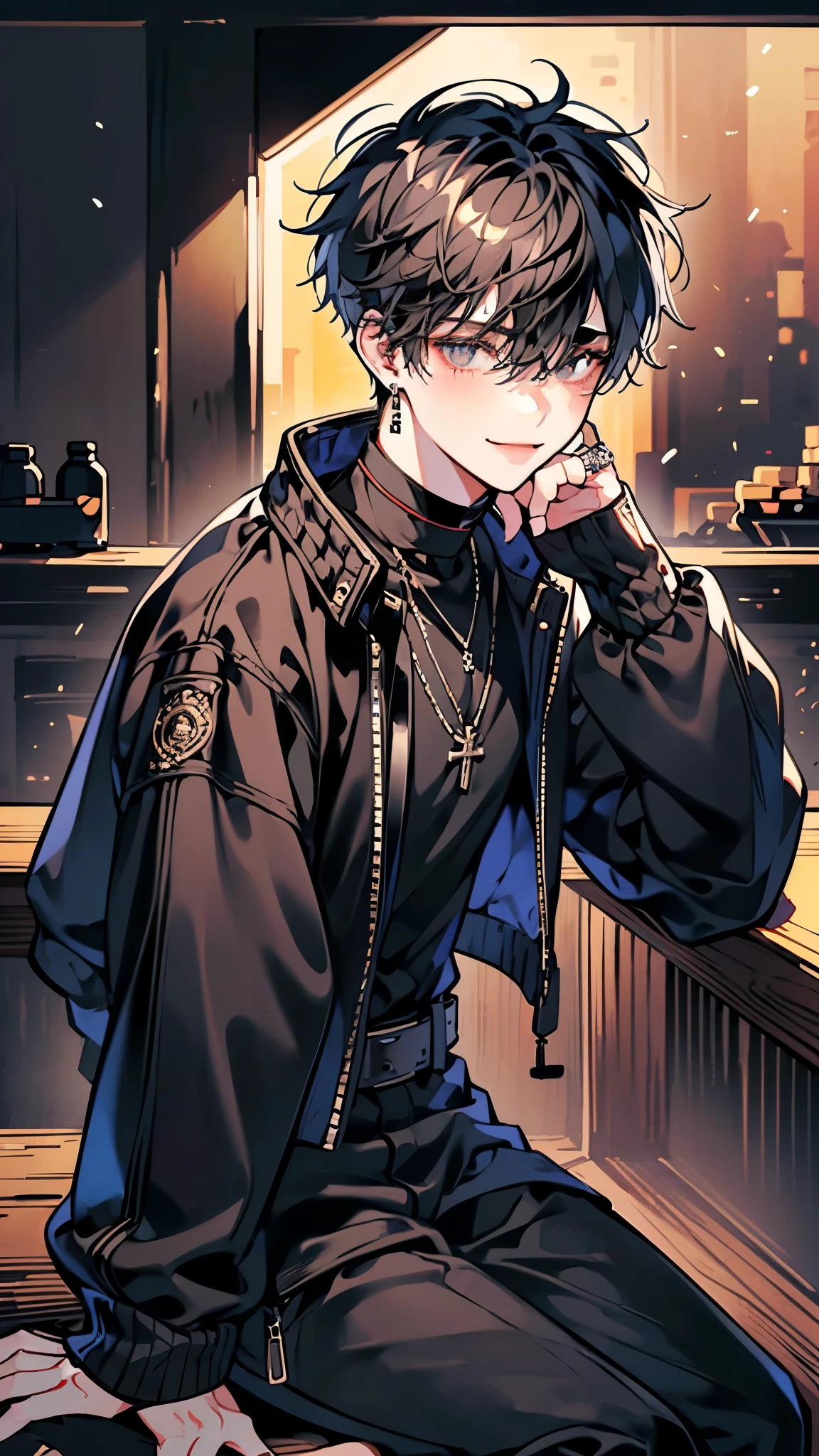 (Highest picture quality),(muste piece), (best quality), (absurdres, highres, ultra detailed),((Delicate face)),(Night view),(((独奏))),(((1 Boy))),(boy),Male focus,Black short hair,Black eyes,(((underaged))),Japanese boys short hair,((black oversized crop jacket)),rivet,Black long Martin boots,(black pants),black shocker,necklace,ring,Black stud earrings,Smile,Side-parted bangs,drunken,sideways,(cyber nignt club),(sitting on a bar stool),(leaning by a bar counter),Puffy sleeves,light blush,shy smile,seductive