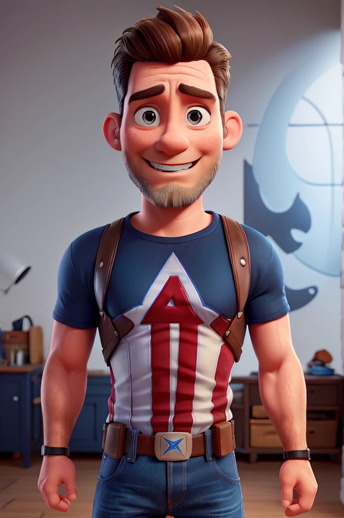 white man, 40 years old, with low beard, short hair up, blue Captain America t-shirt, jeans, black sneakers with white stripe, High definition, 3D Pixar Style, with shy smile