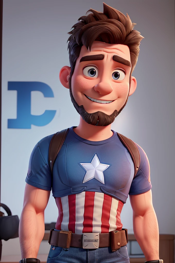 white man, 40 years old, with low beard, short hair up, blue Captain America t-shirt, jeans, black sneakers with white stripe, High definition, 3D Pixar Style, with shy smile