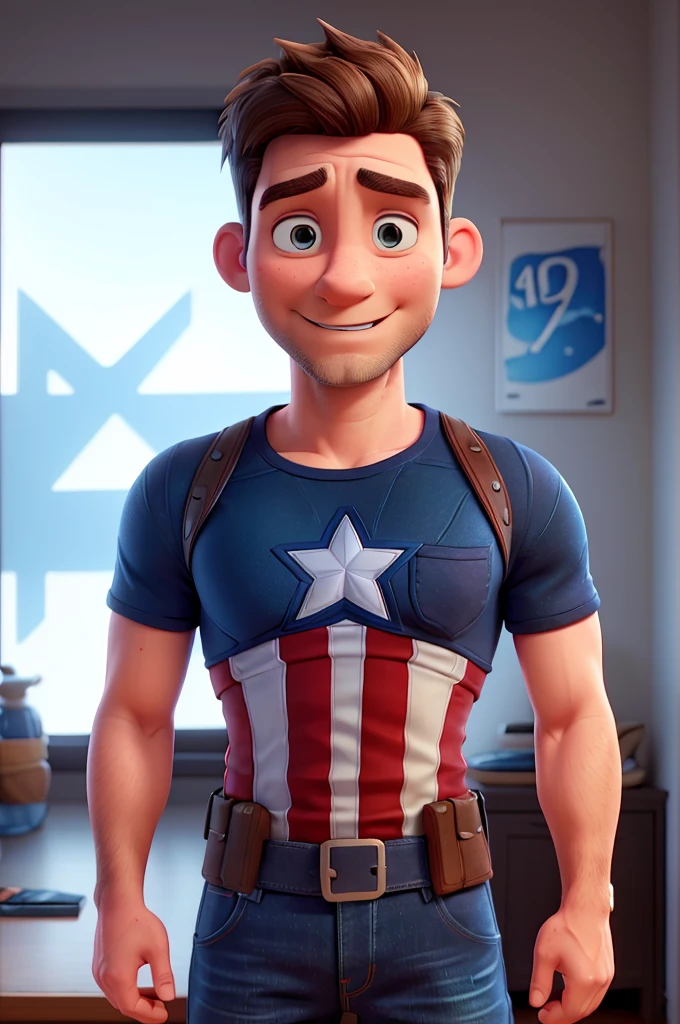 white man, 40 years old, with low beard, short hair up, blue Captain America t-shirt, jeans, black sneakers with white stripe, High definition, 3D Pixar Style, with shy smile