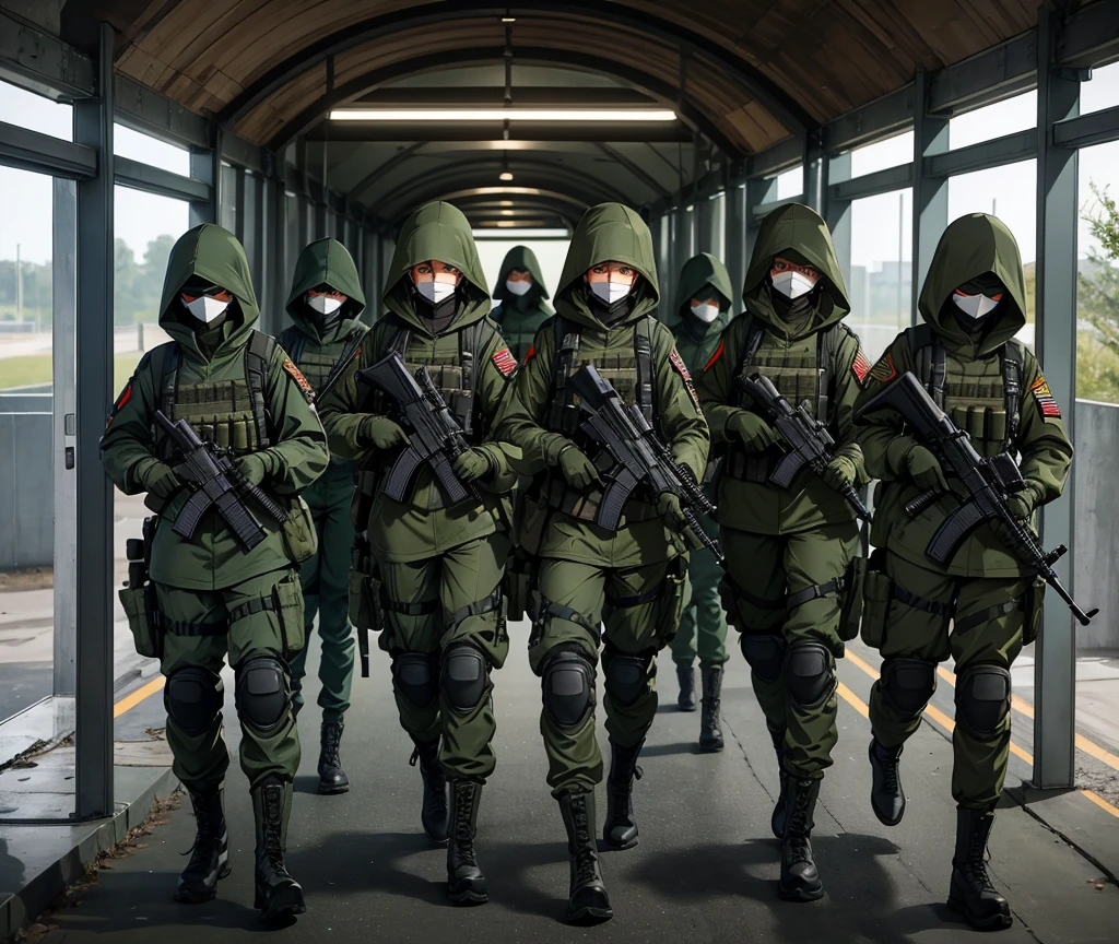tunnel、Five female soldiers standing guard with guns、Wearing dark green M-51 hooded military uniform、Hooded on head、Dark green military pants,Wearing a magazine pouch、Tactical harness、Knee pads、best quality、Highly detailed CG、8K picture quality