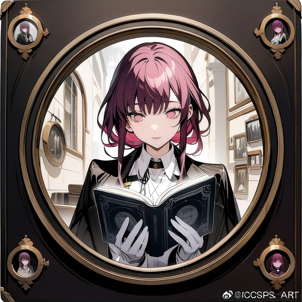 (circle frame1.7)kafka, masterpiece art, reading silver book, icon, circle frame,