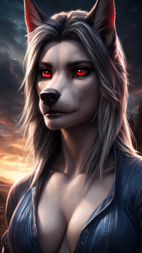 a white with grey highlights hellhound girl, beautiful detailed red eyes, beautiful detailed lips, extremely detailed face, long eyelashes, tight jeans (best quality,4k,8k,highres,masterpiece:1.2),ultra-detailed,(realistic,photorealistic,photo-realistic:1.37),concept art, vibrant colors, dramatic lighting, dramatic atmosphere