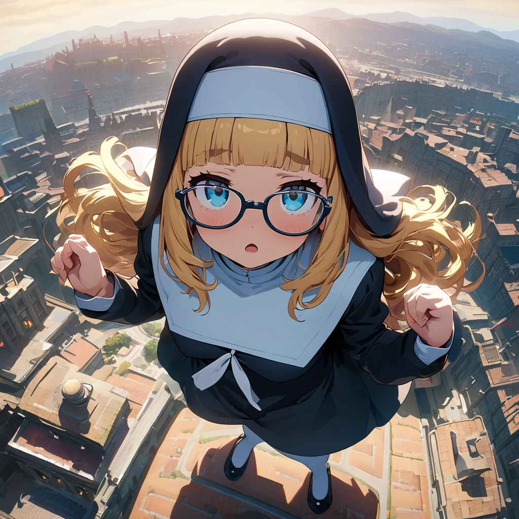 (Masterpiece, cute_cartoon_style, official art, octane-render):1.4, 1 nun girl, 18 yo, (fall in sky, from above, aerial view), (Perfect Hands, riding a bloom), (busty, diffused natural skin glow), (detailed blonde long hair, white ribbon, blunt bangs), (round blue eyes, moist eyes, stare eyes), (1 nun girl, in convent dress), cherubic face, sleepy, Eyebrows, White Stockings, bespectacled nun, thrusts her hand out, background Edinburgh_cityscape,