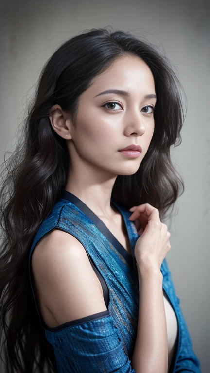 Beautiful supermodel woman with wavy hair, a lock of hair with a slight highlight, blue-gray eyes, mixed medium, undried paint, colored background, photographed by Jingna Chang.