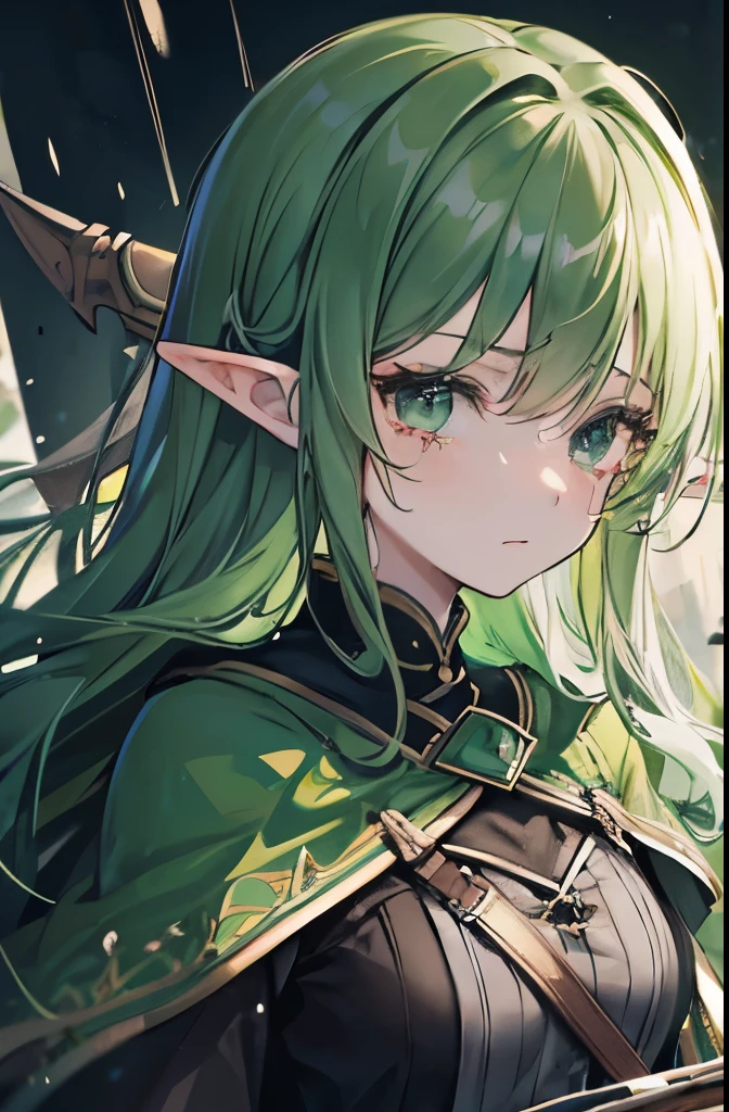 Best quality,high detail,masterpiece,1 woman,light green long curly hair,black eye,Elf,black and green clothes,Battle Axe, A crying expression