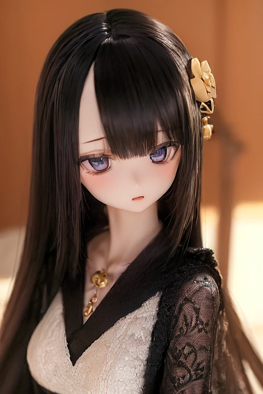 (SFW:2), photorealistic, realistic photo, ((highest quality)), ((masterpiece)), ((extremely detailed)), kukolnydom, doll, (mature woman:1.7), solo, ((from front, seiza, skinny, slender, slim, black kimono, obi, obidome, hair ornament)), green eyes, parted lips, (black hair, long hair, looking at another, almond eyes, blank eyes, empty eyes, detailed eyes, detailed clothes:1.3), Japanese room, 8k