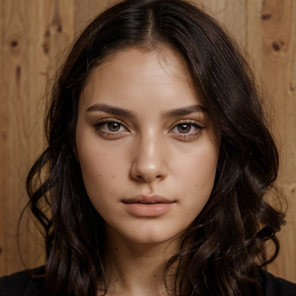 One woman, 25 years old, brunette, wavy black hair, brown eyes, model, frontal portrait
