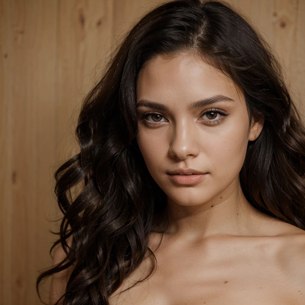 One woman, 25 years old, brunette, wavy black hair, brown eyes, model, frontal portrait