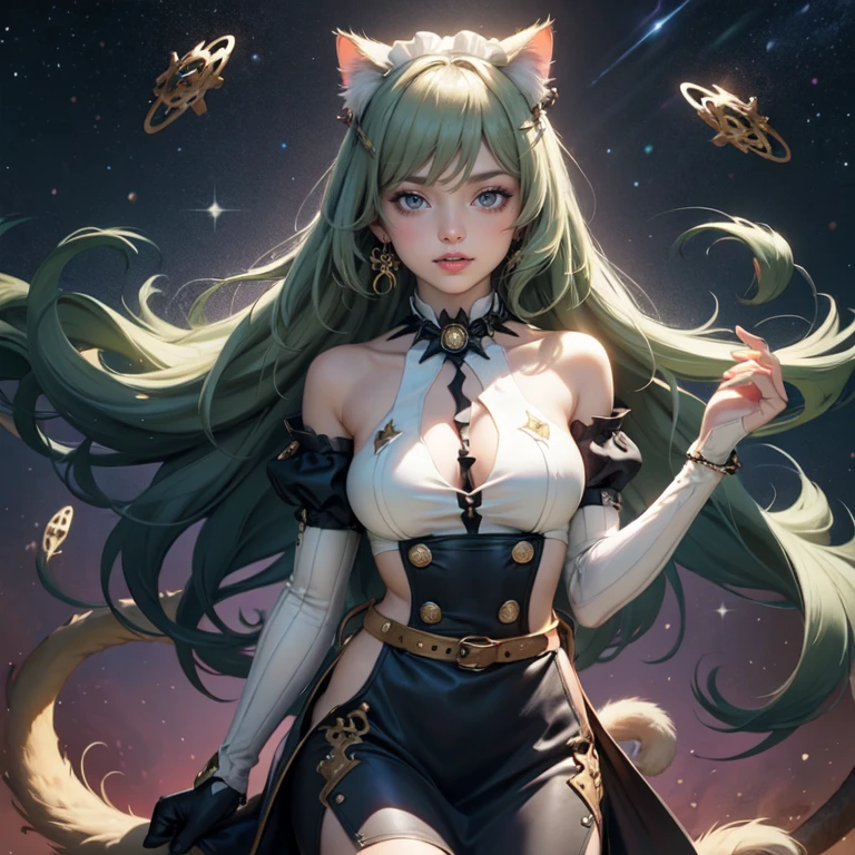 1girl, white maid dress, jewelry, green hair, flowing hair, long hair, maid dress with a short skirt and layers, white laces, white boots, white dress with transparency, gold details on her clothes, cat ears, animal ears, more details, perfectly body, perfectly hands, two hands, two legs, two arms, five fingers, glowing hair, best quality, cat ears, animal ears, tail ornament, tail bow, white gloves, two cat tail, white gloves, alone, maid headdress, choker, detached sleeves, maid dress, maid white dress, strapless, masterpeice, best quality, detailed face, night, mobius (honkai impact), honkai (series), honkai impact 3rd, asymmetrical gloves, bangs, white short skirt , white gloves, white boots, earrings, elbow gloves, fishnet thighhighs, fishmasterpeice, solo, best quality, detailed face, gloves, green eyes, green hair, hair between eyes, jewelry, long hair, looking at viewer, single earring, sky, sleeveless, solo, thigh boots, thighhighs, tongue, tongue out, uneven gloves, cat ears, animal ears, cat tail, solo, alone, Looking at the viewer, More details on the clothes, space scenery, maid, maid dress, golden details, maid headdress, maid apron, seat on the Saturn rings, more details on her clothes, gold details on her clothes, space, smiling, standing her hand to a viewer, looking at the viewer, in the background a several asteroids glowing with fiery auras, Dramatic lighting from distant stars and planets illuminates the scene, looking at the vast and mysterious universe, cowboy shot, upper body portrait, more details, sparkle,