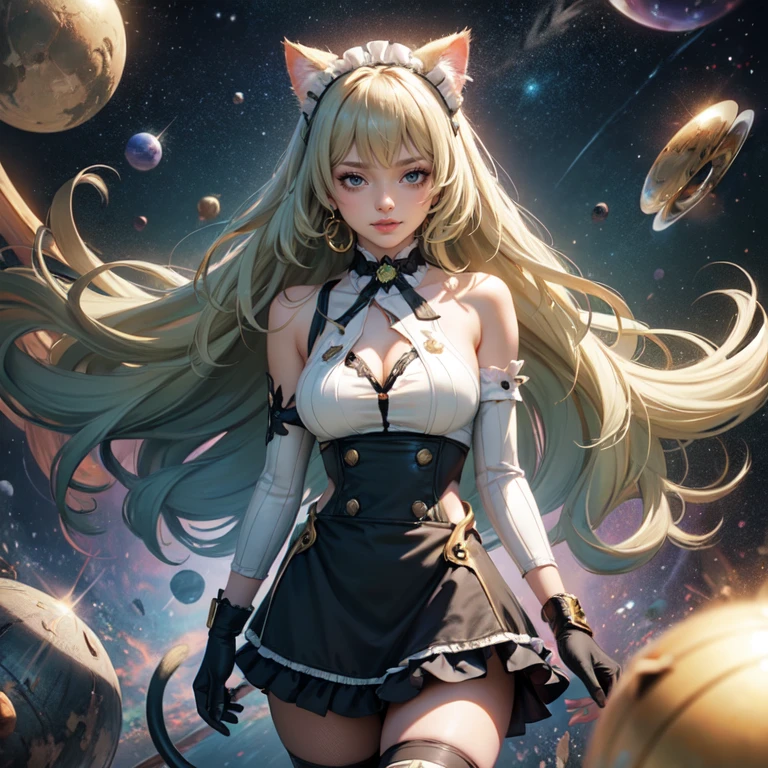 1girl, white maid dress, jewelry, green hair, flowing hair, long hair, maid dress with a short skirt and layers, white laces, white boots, white dress with transparency, gold details on her clothes, cat ears, animal ears, more details, perfectly body, perfectly hands, two hands, two legs, two arms, five fingers, glowing hair, best quality, cat ears, animal ears, tail ornament, tail bow, white gloves, two cat tail, white gloves, alone, maid headdress, choker, detached sleeves, maid dress, maid white dress, strapless, masterpeice, best quality, detailed face, night, mobius (honkai impact), honkai (series), honkai impact 3rd, asymmetrical gloves, bangs, white short skirt , white gloves, white boots, earrings, elbow gloves, fishnet thighhighs, fishmasterpeice, solo, best quality, detailed face, gloves, green eyes, green hair, hair between eyes, jewelry, long hair, looking at viewer, single earring, sky, sleeveless, solo, thigh boots, thighhighs, tongue, tongue out, uneven gloves, cat ears, animal ears, cat tail, solo, alone, Looking at the viewer, More details on the clothes, space scenery, maid, maid dress, golden details, maid headdress, maid apron, seat on the Saturn rings, more details on her clothes, gold details on her clothes, space, smiling, standing her hand to a viewer, looking at the viewer, in the background a several asteroids glowing with fiery auras, Dramatic lighting from distant stars and planets illuminates the scene, looking at the vast and mysterious universe, cowboy shot, upper body portrait, more details, sparkle,