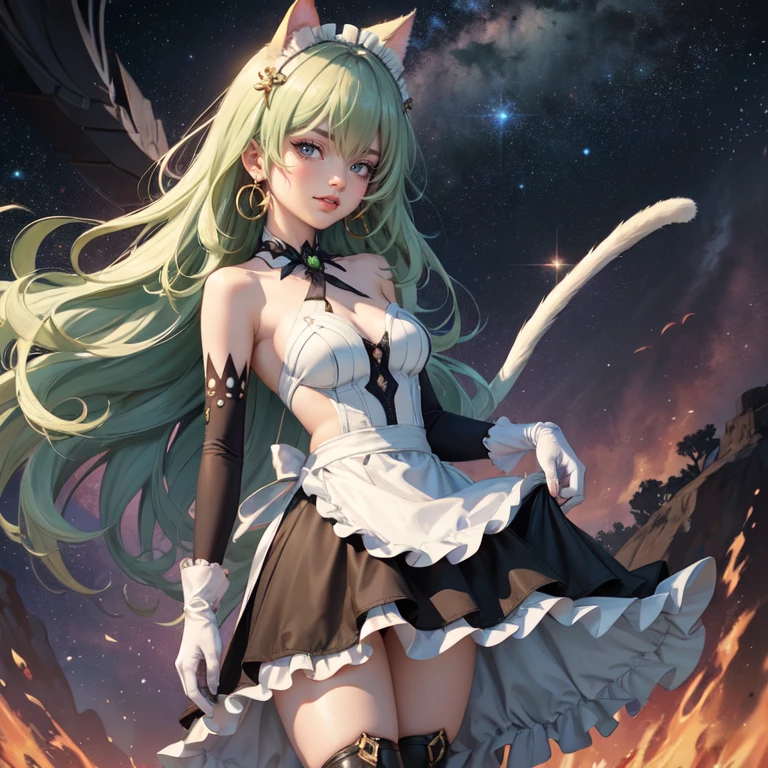 1girl, white maid dress, jewelry, green hair, flowing hair, long hair, maid dress with a short skirt and layers, white laces, white boots, white dress with transparency, gold details on her clothes, cat ears, animal ears,  more details, perfectly body, perfectly hands, two hands, two legs, two arms, five fingers, glowing hair, best quality, cat ears, animal ears, tail ornament, tail bow, white gloves, two cat tail, white gloves, alone, maid headdress, choker, detached sleeves, maid dress, maid white dress, strapless, masterpeice, best quality, detailed face, night, mobius (honkai impact), honkai (series), honkai impact 3rd, asymmetrical gloves, bangs, white short skirt , white gloves, white boots, earrings, elbow gloves, fishnet thighhighs, fishmasterpeice, solo, best quality, detailed face, gloves, green eyes, green hair, hair between eyes, jewelry, long hair, looking at viewer, single earring, sky, sleeveless, solo, thigh boots, thighhighs, tongue, tongue out, uneven gloves, cat ears, animal ears, cat tail, solo, alone, Looking at the viewer, More details on the clothes, space scenery, maid, maid dress, golden details, maid headdress, maid apron, seat on the Saturn rings, more details on her clothes, gold details on her clothes, space, smiling, standing her hand to a viewer, looking at the viewer, in the background a several asteroids glowing with fiery auras, Dramatic lighting from distant stars and planets illuminates the scene, looking at the vast and mysterious universe, cowboy shot, upper body portrait, more details, sparkle,