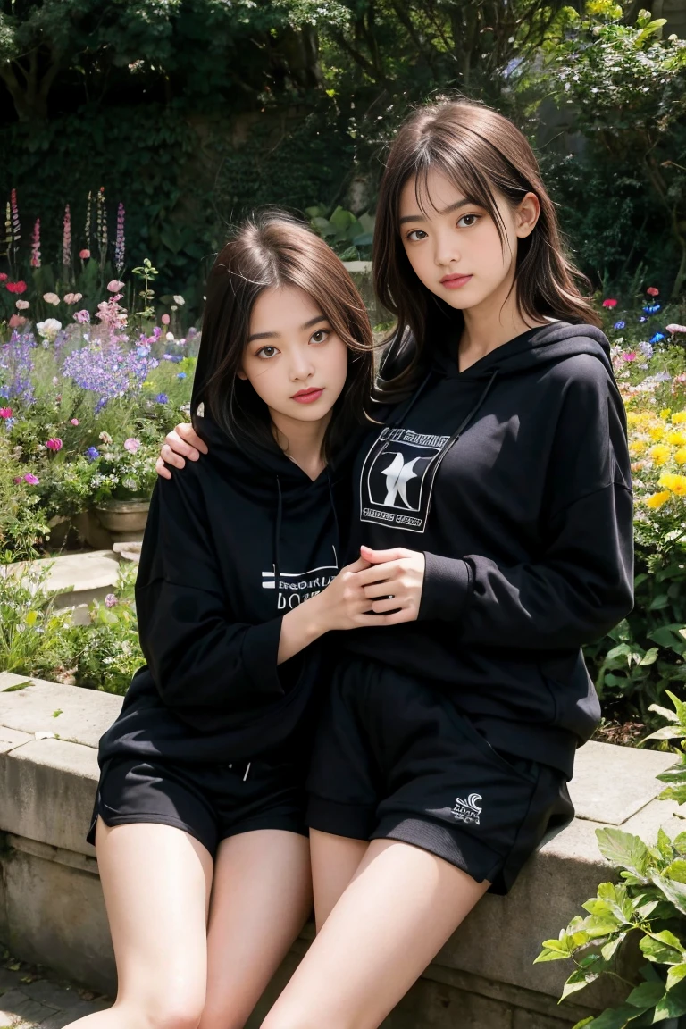 deux femmes ensemble de 18 ans sexy et mince , black short sleeve hoodie , dans un jardin de fleur, se touche,position sey,sensuel