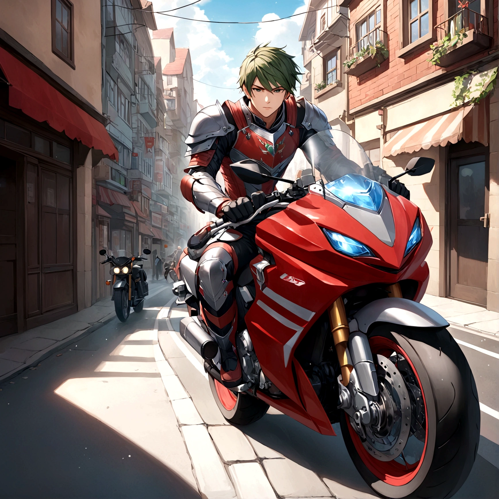 1boy，armor，Riding on a motorcycle，Male focus，City Streets，