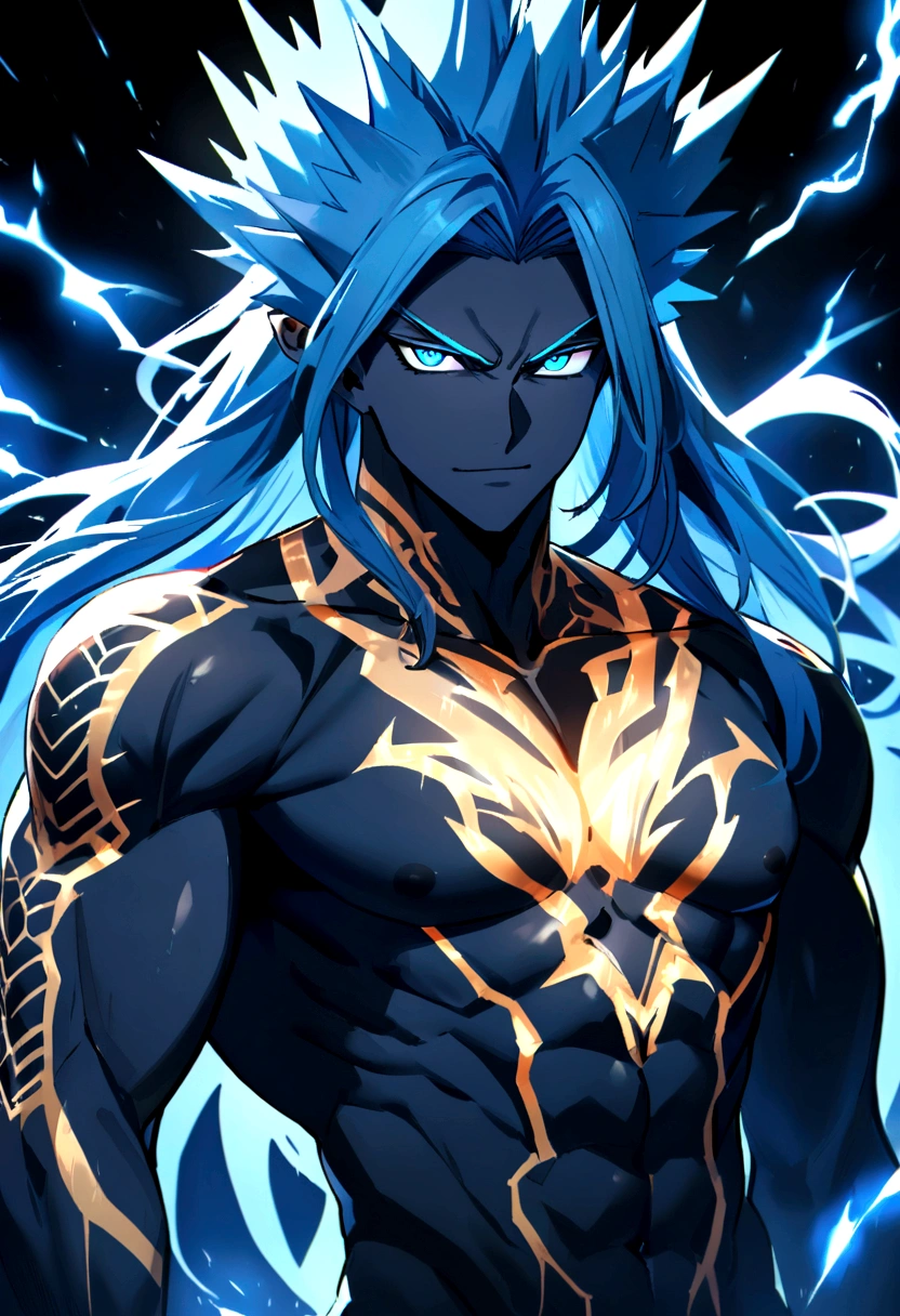 Teenage boy, spiky hair, long hair, bright light blue hair, shining blue eyes, serious face, Simple smile, dark blue skin, muscular chest, tattoos on the body, intense electric aura